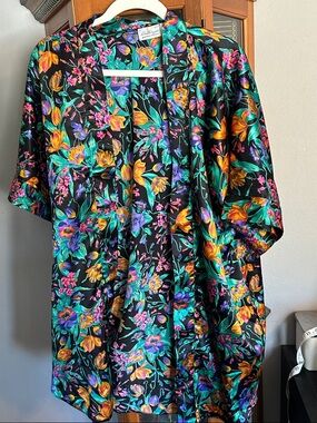 Kathryn Black Floral Satin Kimono Robe